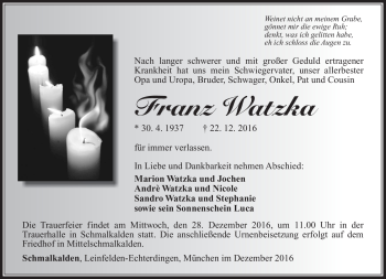 Traueranzeige von Franz Watzka von Südthüringer Presse