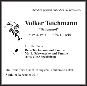 Traueranzeige von Volker Teichmann von Südthüringer Presse