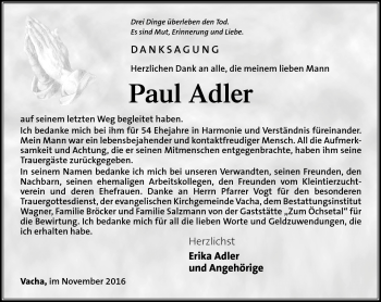 Traueranzeige von Paul Adler von Südthüringer Presse