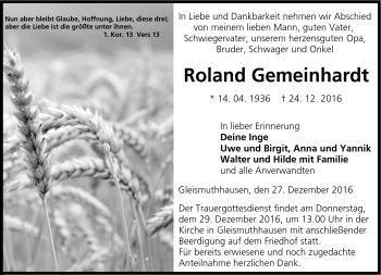 Traueranzeige von Roland Gemeinhardt von Neue Presse Coburg
