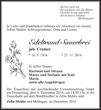 Traueranzeige von Edeltraud Sauerbrei von Südthüringer Presse