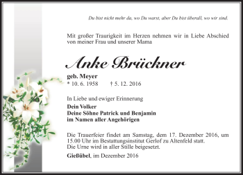 Traueranzeige von Anke Brückner von Südthüringer Presse
