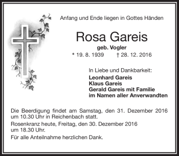 Traueranzeige von Rosa Gareis von Frankenpost