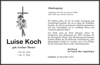 Traueranzeige von Luise Koch von Südthüringer Presse