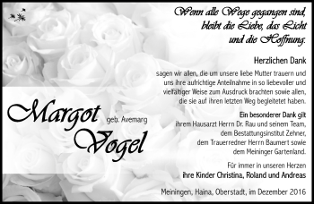 Traueranzeige von Margot Vogel von Südthüringer Presse