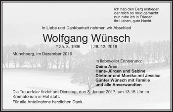 Traueranzeige von Wolfgang Wünsch von Frankenpost
