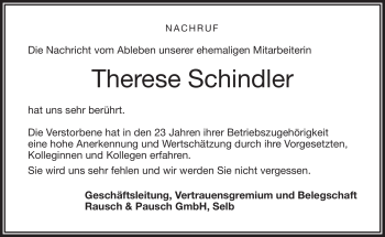 Traueranzeige von Therese Schindler von Frankenpost