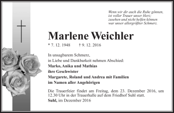 Traueranzeige von Marlene Weichler von Südthüringer Presse