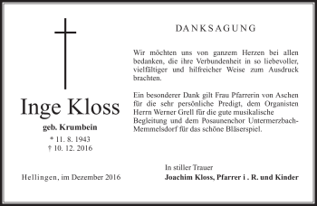 Traueranzeige von Inge Kloss von Neue Presse Coburg