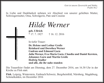 Traueranzeige von Hilde Werner von Südthüringer Presse