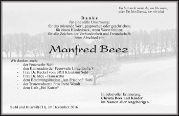 Traueranzeige von Manfred Beez von Südthüringer Presse