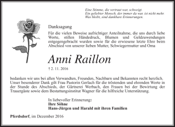 Traueranzeige von Anni Raillon von Südthüringer Presse