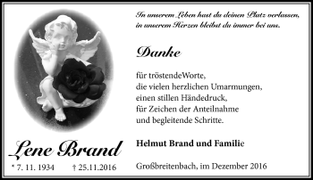 Traueranzeige von Lene Brand von Südthüringer Presse