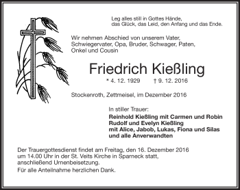 Traueranzeige von Friedrich Kießling von Frankenpost