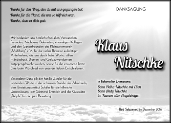 Traueranzeige von Klaus Nitschke von Südthüringer Presse