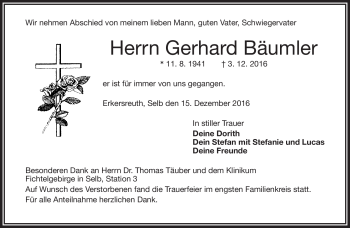 Traueranzeige von Gerhard Bäumler von Frankenpost