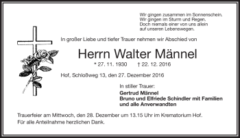 Traueranzeige von Walter Männel von Frankenpost