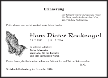 Traueranzeige von Hans Dieter Recknagel von Südthüringer Presse