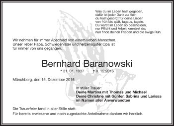 Traueranzeige von Bernhard Baranowski von Frankenpost