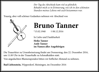 Traueranzeige von Bruno Tanner von Südthüringer Presse