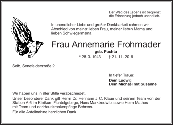 Traueranzeige von Annemarie Frohmader von Frankenpost