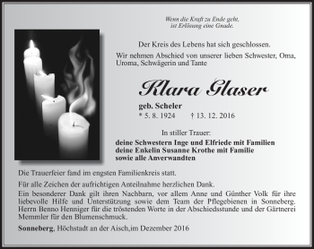 Traueranzeige von Klara Glaser von Südthüringer Presse