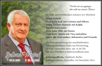 Traueranzeige von Gerhard Wentorf von Südthüringer Presse