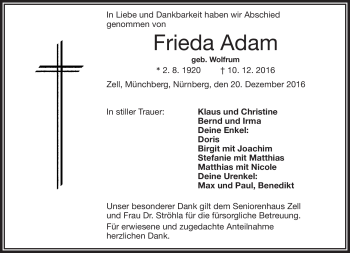 Traueranzeige von Frieda Adam von Frankenpost