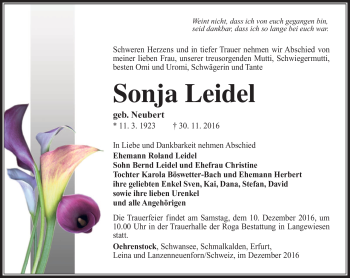 Traueranzeige von Sonja Leidel von Südthüringer Presse