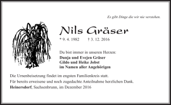 Traueranzeige von Nils Gräser von Südthüringer Presse