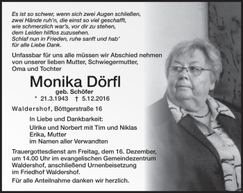 Traueranzeige von Monika Dörfl von Frankenpost