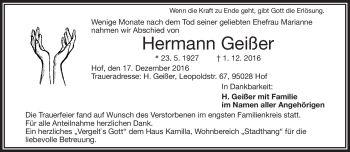 Traueranzeige von Hermann Geißer von Frankenpost