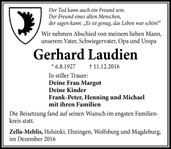 Traueranzeige von Gerhard Laudien von Südthüringer Presse