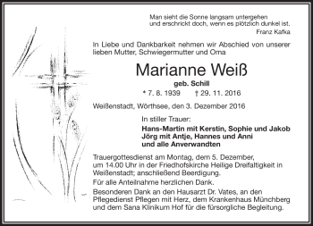 Traueranzeige von Marianne Weiß von Frankenpost