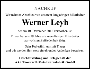 Traueranzeige von Werner Leyh von Südthüringer Presse
