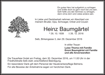 Traueranzeige von Heinz Baumgärtel von Frankenpost