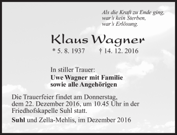 Traueranzeige von Klaus Wagner von Südthüringer Presse