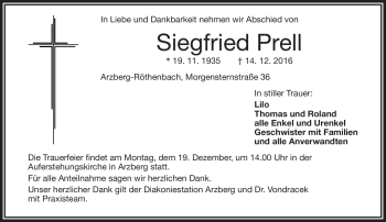 Traueranzeige von Siegfried Prell von Frankenpost
