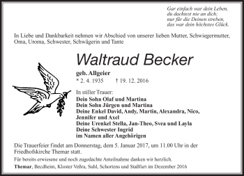 Traueranzeige von Waltraud Becker von Südthüringer Presse