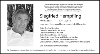 Traueranzeige von Siegfried Hempfling von Neue Presse Coburg