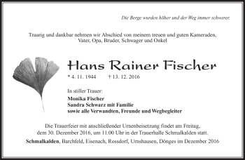 Traueranzeige von Hans Rainer Fischer von Südthüringer Presse