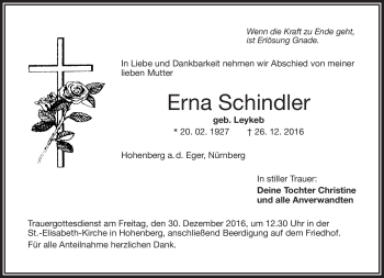 Traueranzeige von Erna Schindler von Frankenpost