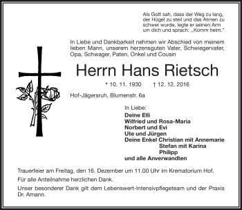 Traueranzeige von Hans Rietsch von Frankenpost