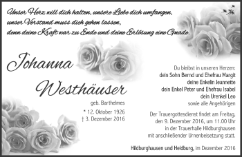 Traueranzeige von Johanna Westhäuser von Südthüringer Presse