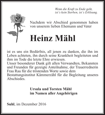 Traueranzeige von Heinz Mähl von Südthüringer Presse