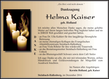Traueranzeige von Helma Kaiser von Südthüringer Presse
