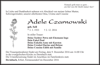 Traueranzeige von Adele Czarnowski von Südthüringer Presse