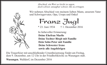 Traueranzeige von Franz Jugl von Südthüringer Presse