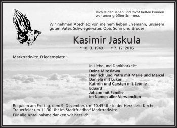 Traueranzeige von Kasimir Jaskula von Frankenpost