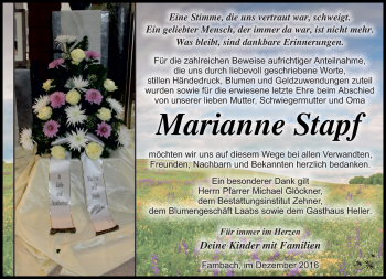 Traueranzeige von Marianne Stapf von Südthüringer Presse